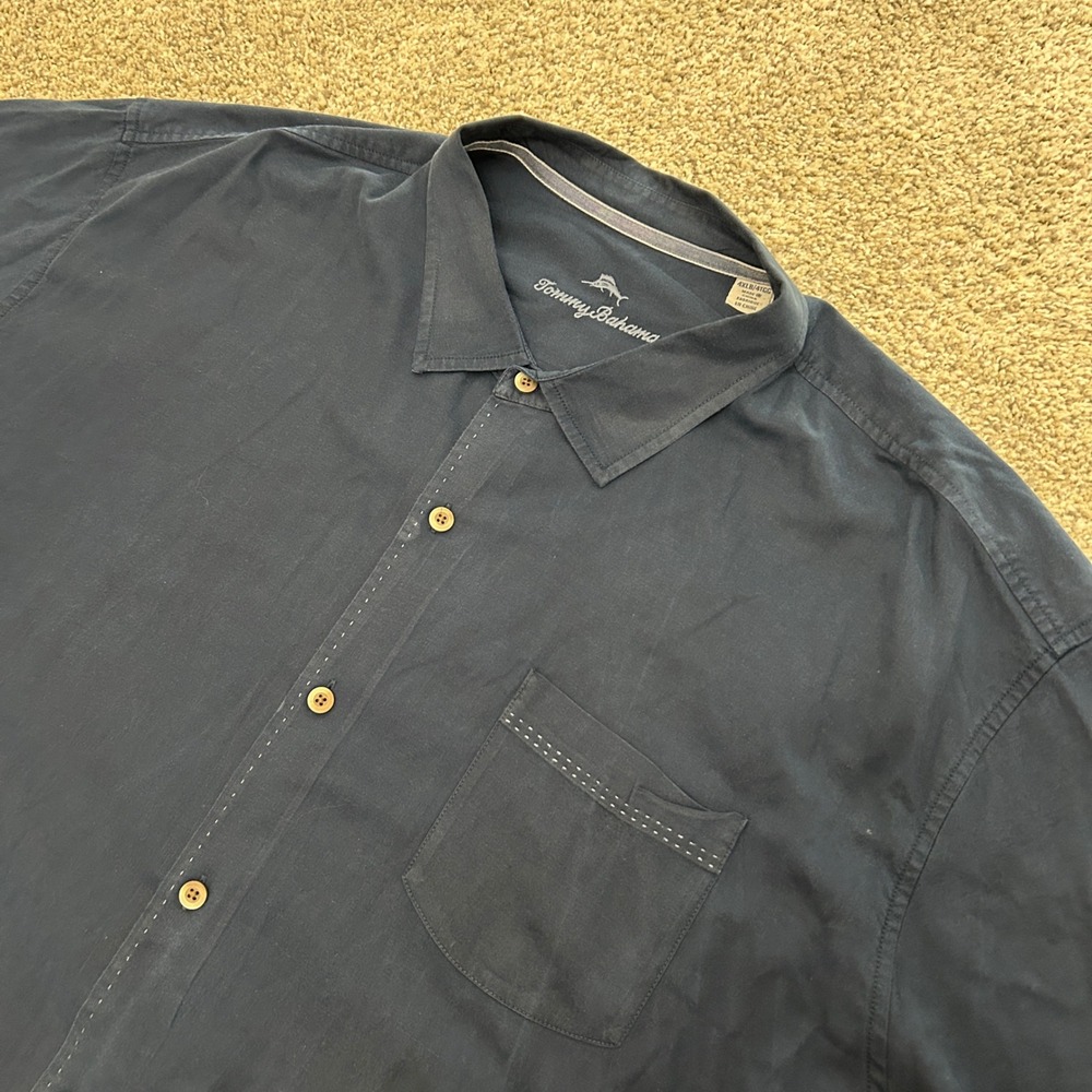 Tommy Bahama Button Down Shirt 4XLB Navy Blue Silk‎ Blend Short Sleeve Aloha 4XB